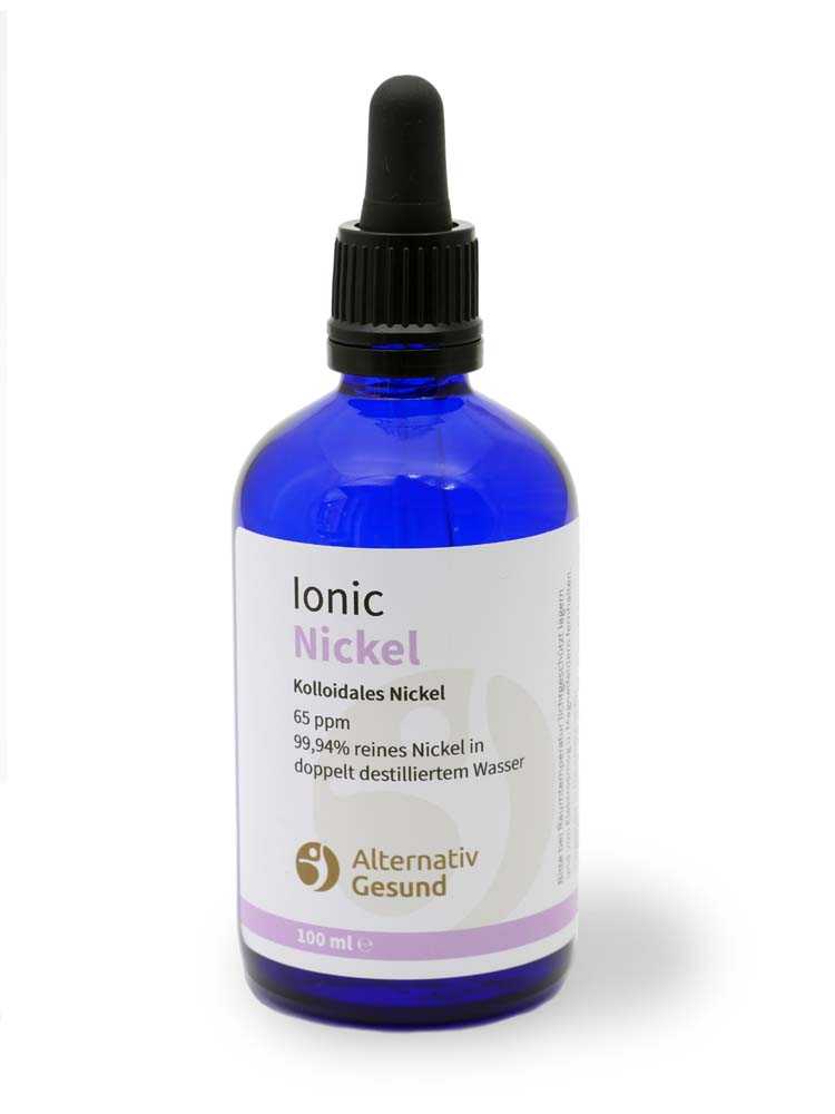 Eine blaue Glasflasche mit hellem Etikett, auf dem Ionic Nickel steht. 99,94% reines Nickel in doppelt destilliertem Wasser