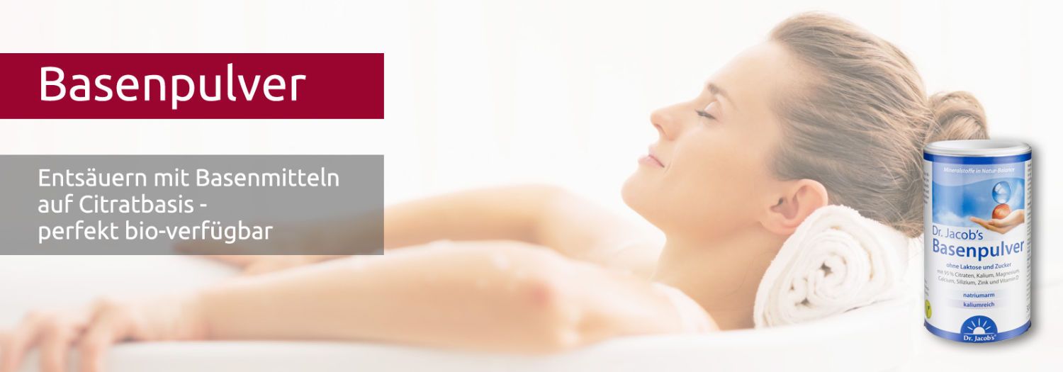 Dr. Jacobs Basenpulver gegen Übersäuerung. Entsäuerung für die Regulation vom Säure Basen Haushalt Dr. Jacobs Basenpulver - Frau liegt entspannt in der Badewanne